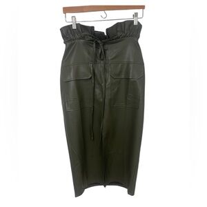 Gracia Military Green Leather Midi Skirt Paperbag Waist Size Small Modern